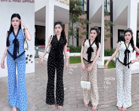 Women Fashion Bow Tops With Flare Cut Pants